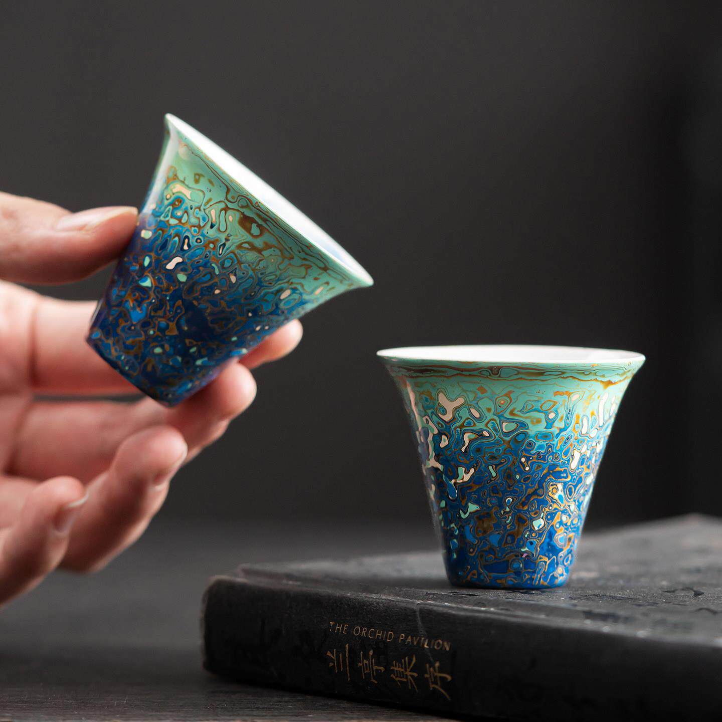 梦南州大漆茶杯高端手绘主人杯荷花漆器茶具单杯斗笠杯闻香杯送礼