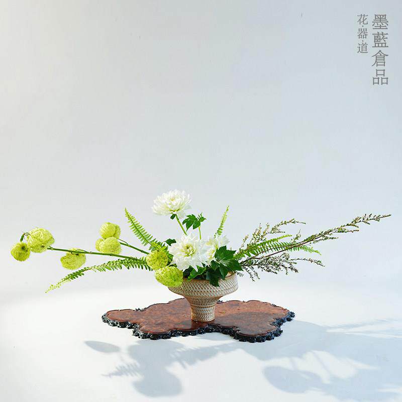 陶瓷高脚锤纹花器 茶室茶席桌面插花器皿小花盆简约 剑山插花器