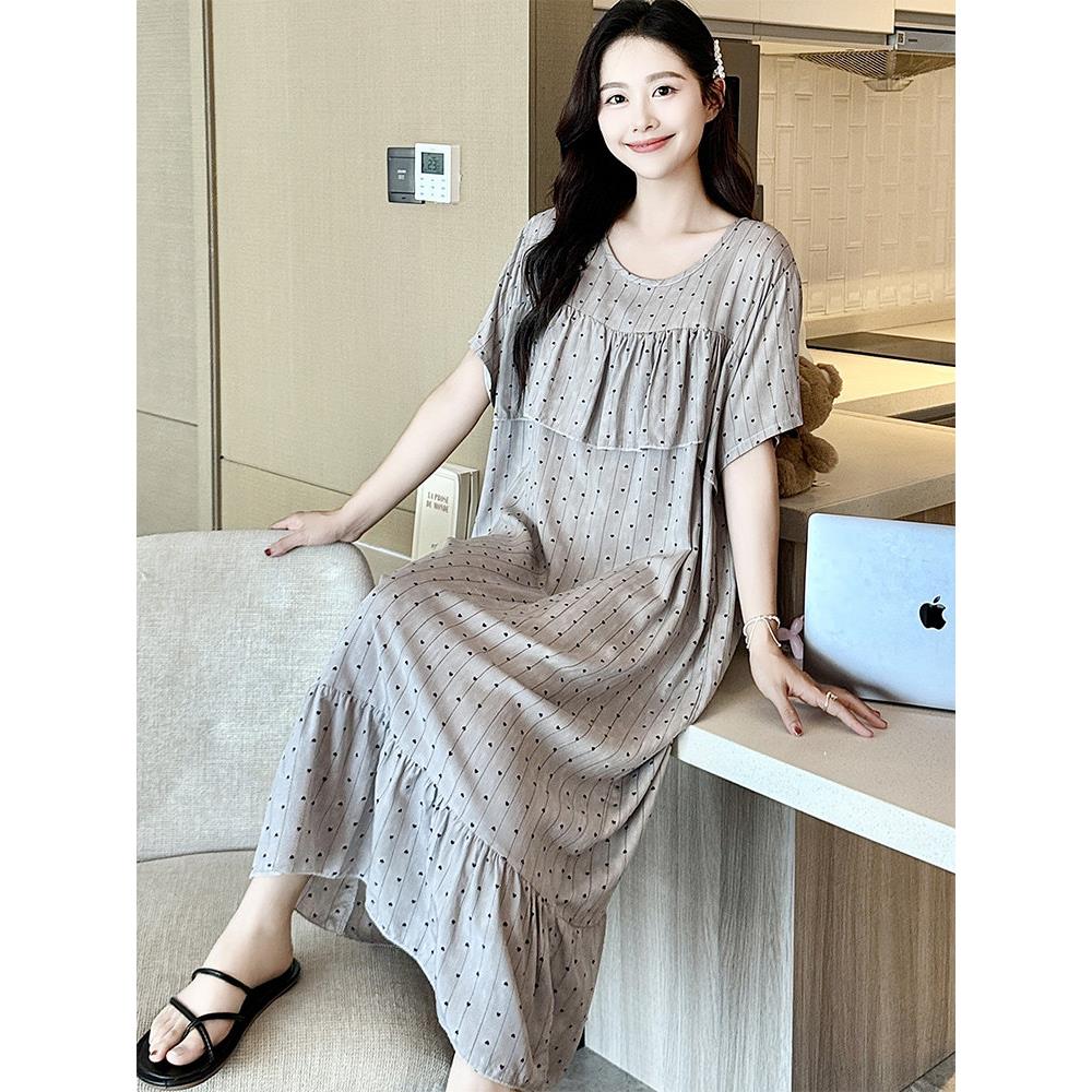 防凸点棉绸睡裙女夏季短袖遮胸孕妇睡衣裙长款居家裙子大码胖mm