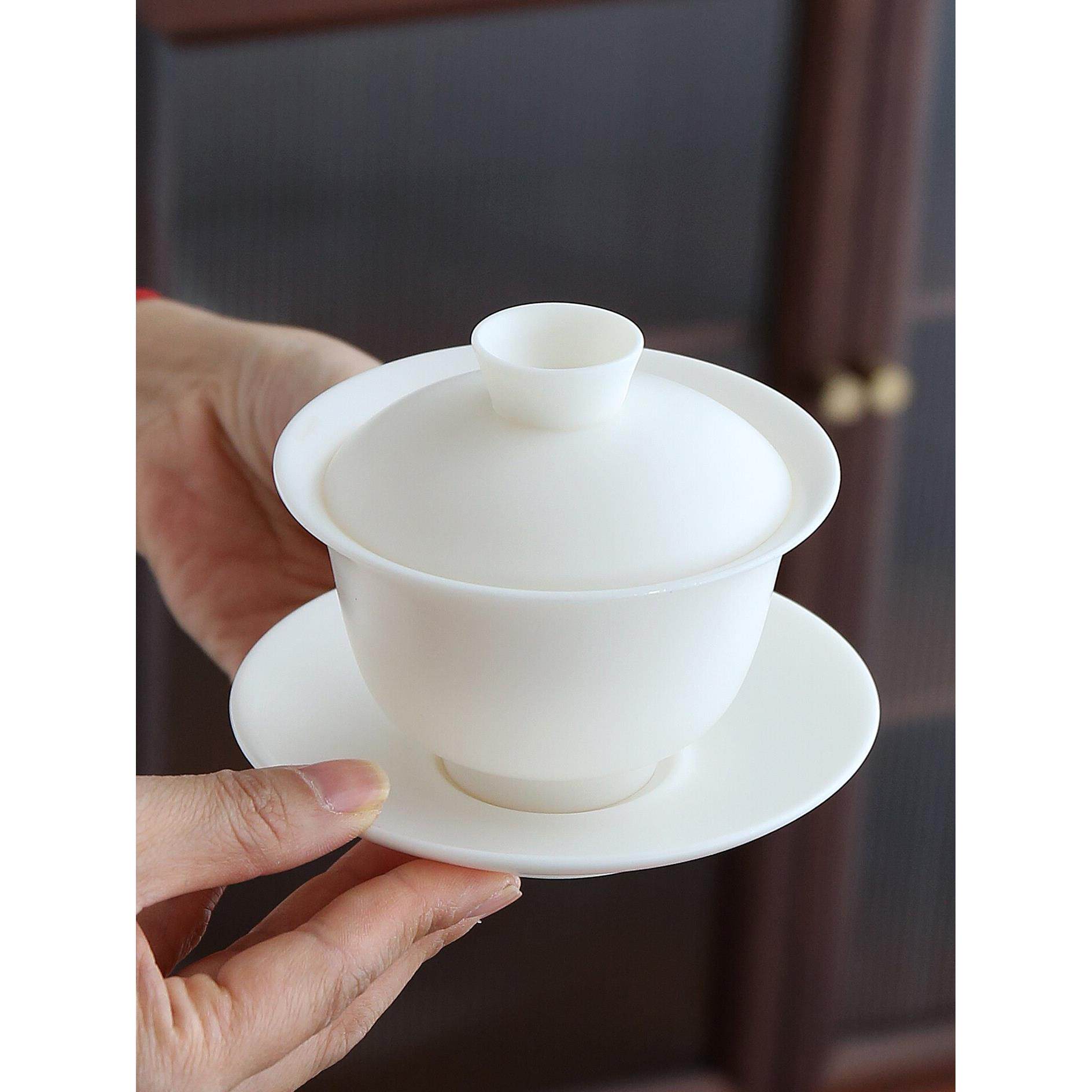德化白瓷三才盖碗素烧茶杯高档羊脂玉陶瓷茶碗带盖泡茶茶具套装