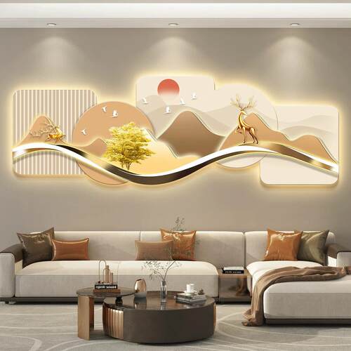 轻奢led带灯客厅装饰画沙发背景墙挂画壁画简约现代高级感山水画