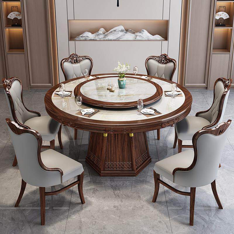 新中式乌金木岩板雕花餐桌椅组合轻奢家用饭店实木圆桌电磁炉饭桌