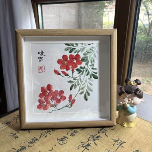 手绘国画凌霄花，摆台，装饰画，含框22×22