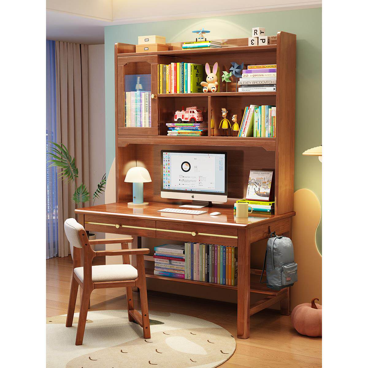 书桌书架一体中学生家用写字台电脑桌子实木简易卧室办公桌椅套装