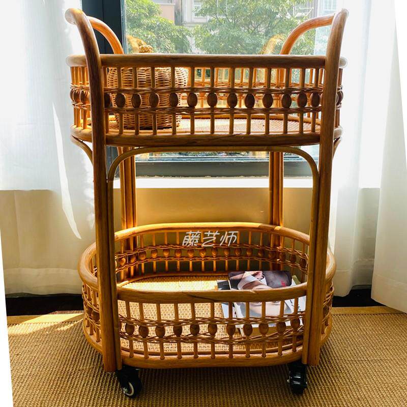 藤编两层带轮置物架餐厅小推车美容化妆品收纳网红可移动推车