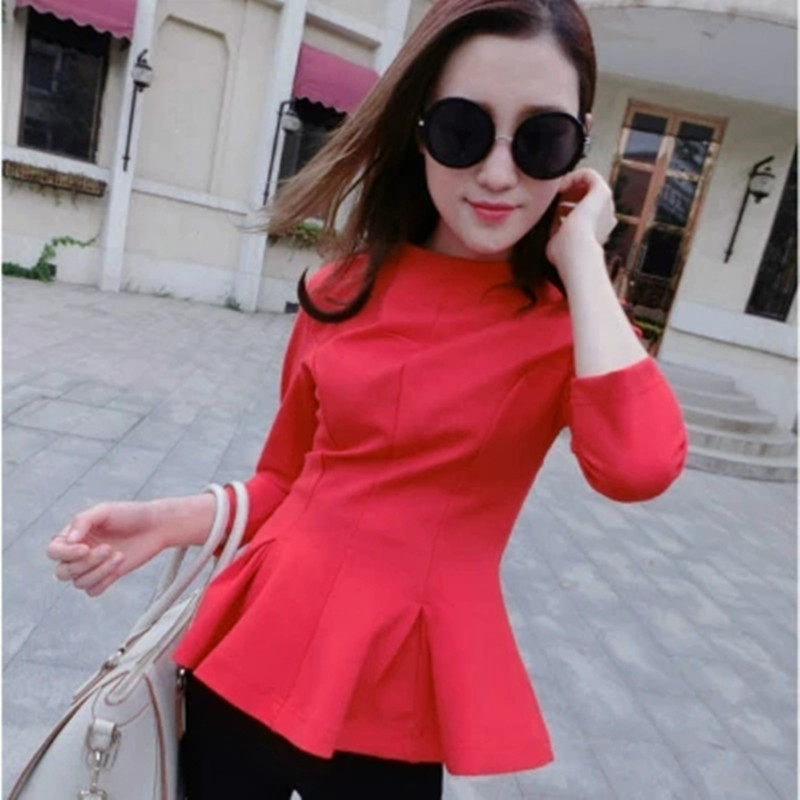 春秋新款圆领紧身收腰大荷叶边裙摆长袖T恤 大码女装 上衣打底衫,女装/女士精品,T恤,淘宝优惠券,粉丝福利购,淘宝优惠卷