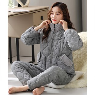 睡衣女士冬季三层加厚加绒梭织纯棉夹棉秋冬珊瑚绒冬款超厚家居服
