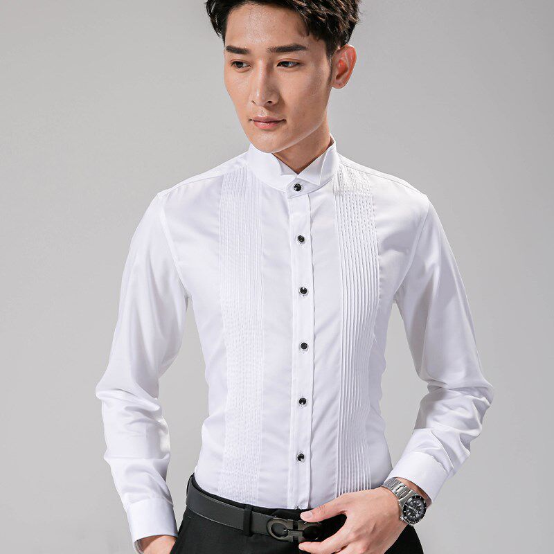 结婚衬衫男修身白色礼服衬衫夏季伴郎服婚礼演出新郎白色衬衣男士