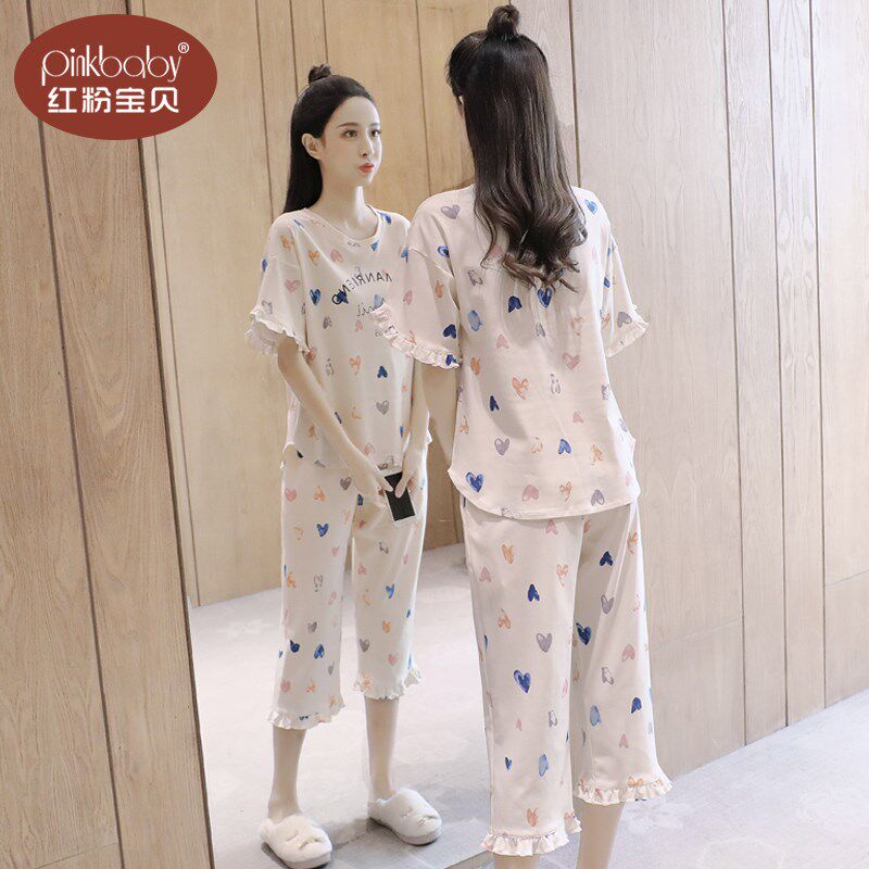 夏天睡衣女款夏季纯棉宽松薄款可爱外穿短袖七分裤全棉家居服套装