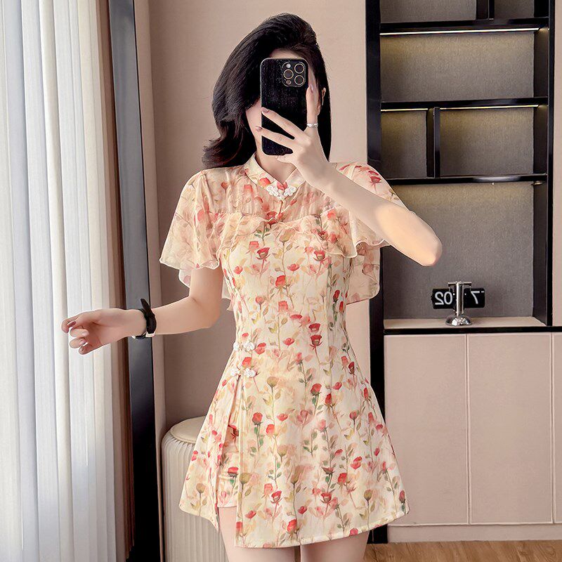 旗袍改良套装女夏年轻款少女时尚雪纺碎花连衣裙短裤小个子两件套