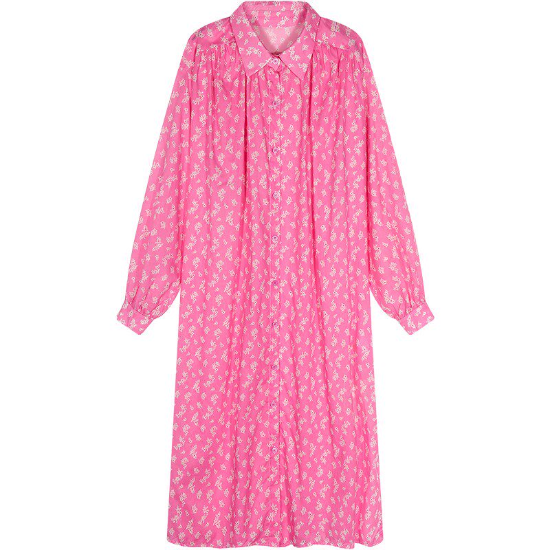 落落狷介春日碎花裙粉色长袖碎花衬衫连衣裙2024新款小个子衬衫裙