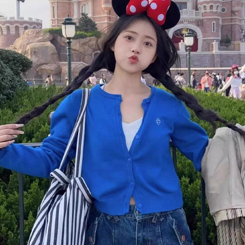 克莱因蓝针织开衫女春秋款百搭叠穿高级感超好看毛衣外套短款上衣