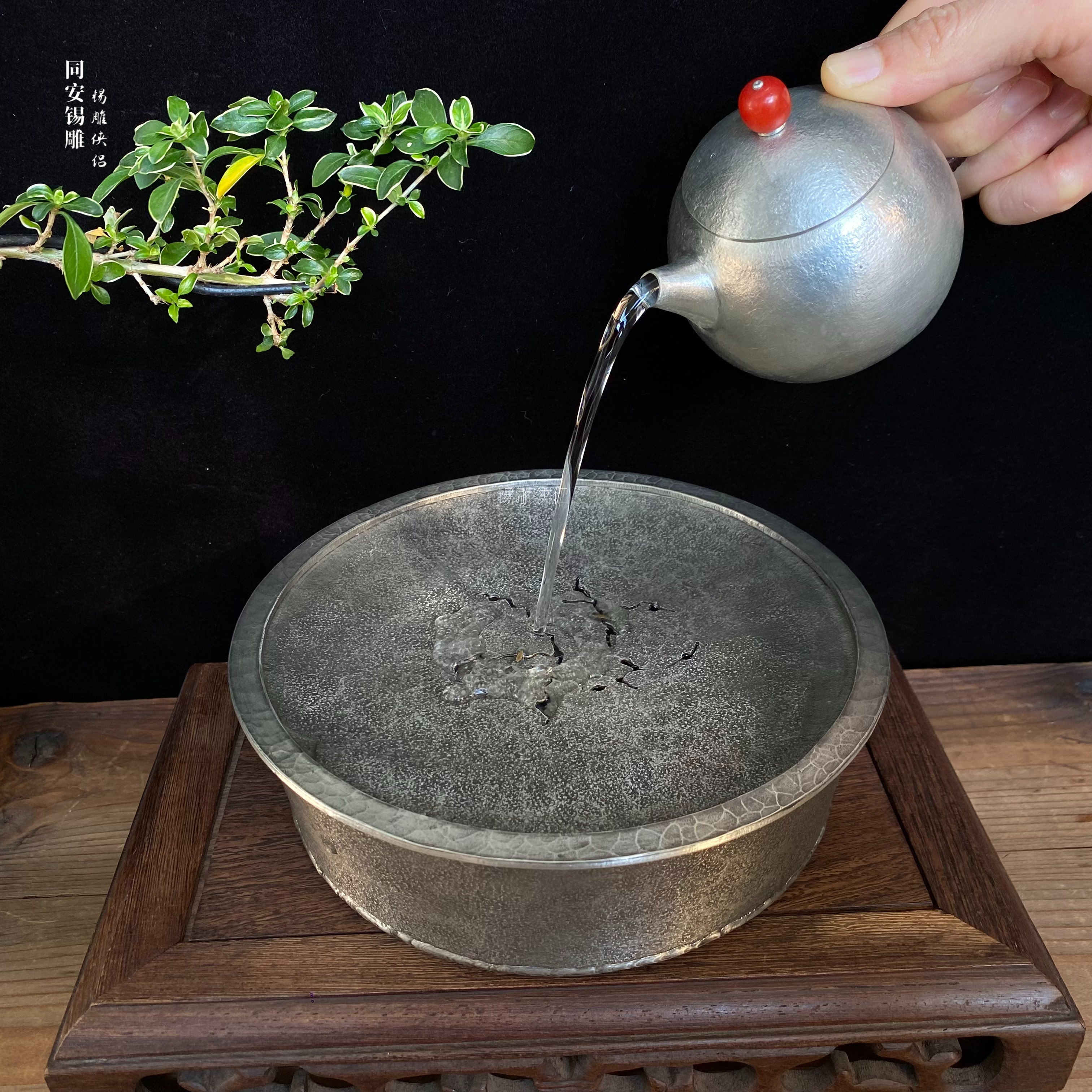 锡雕侠侣郑天泗古逸壶承非遗手工干泡盘功夫茶壶托储水茶道用具