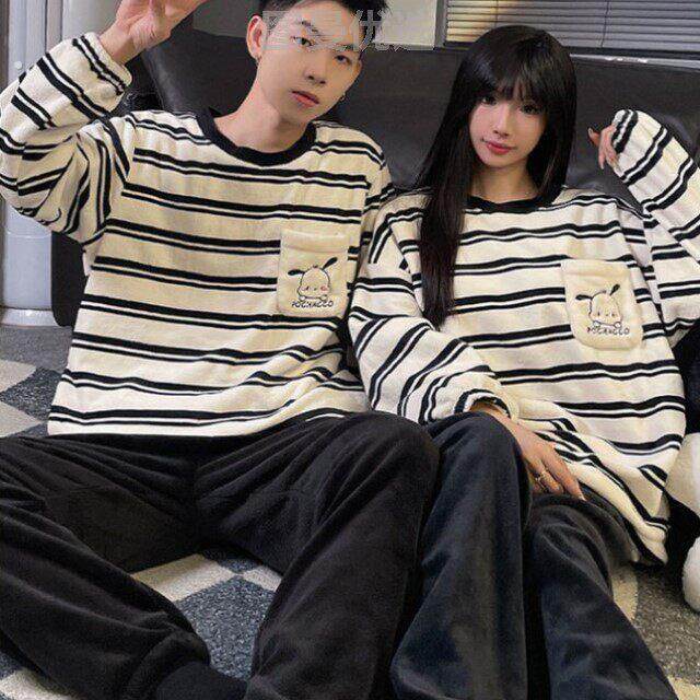 睡衣男款冬加厚女新款学生高级加绒秋冬情侣家居两件套