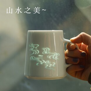 子木山水图案玲珑陶瓷马克杯景德镇情侣杯创意礼品定制诗意咖啡杯