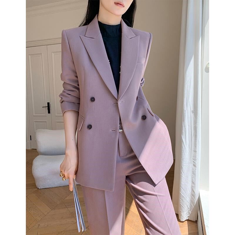 紫色休闲西装套装女2025新款春秋款高级感阔腿裤职业正装西服外套
