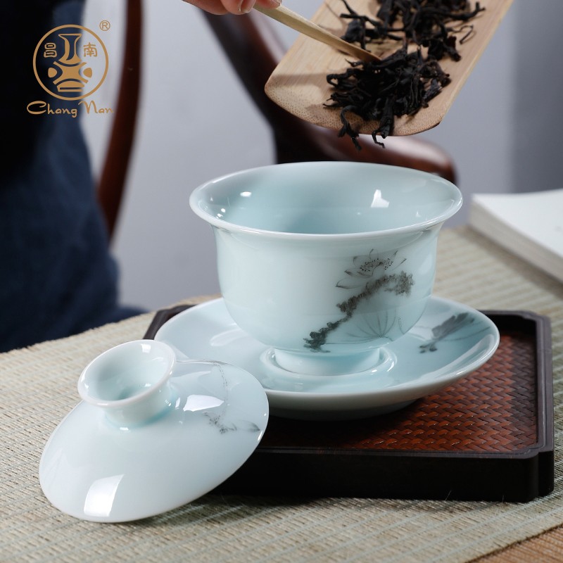 昌南陶瓷盖碗景德镇功夫茶具三才碗玉瓷敬茶碗大号粉彩泡茶壶茶杯