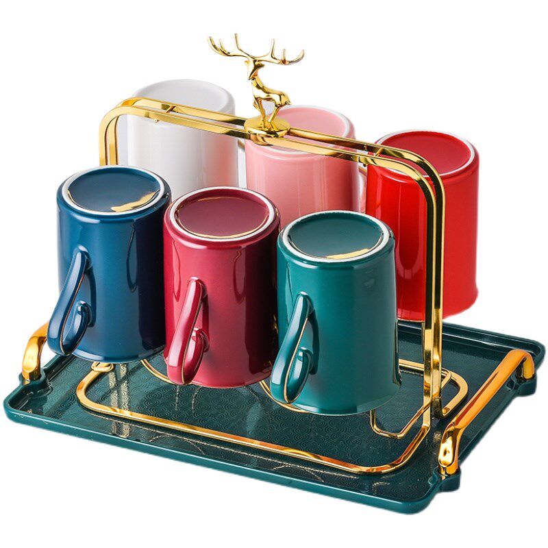 轻奢北欧喝水杯子陶瓷家用水杯茶杯6一人一色客厅茶具套装架送礼