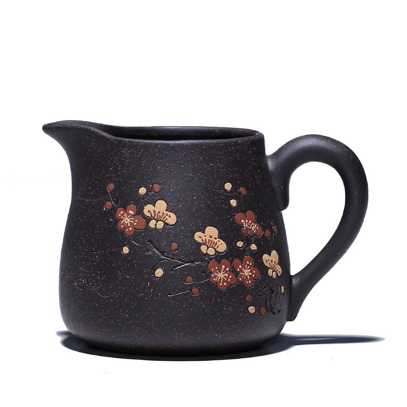 宜兴紫砂壶公道杯手工泥绘梅花公杯功夫茶具原矿黑金砂分茶器茶海