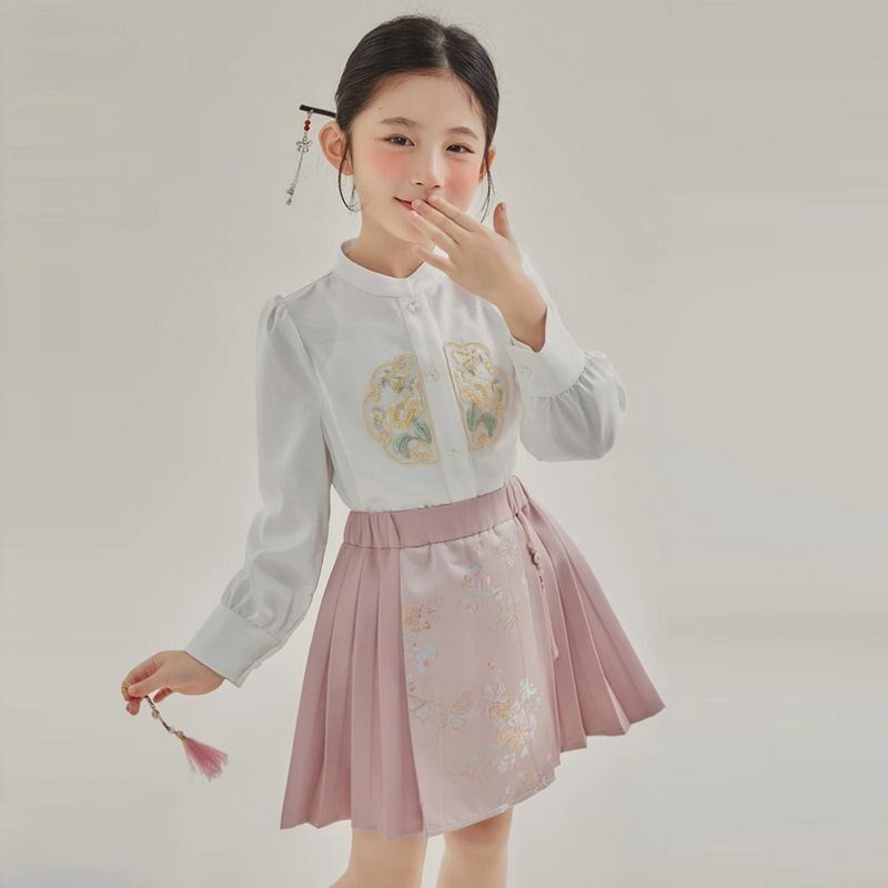 女童套装春秋2024新款儿童新中式绣花衬衫马甲国风马面裙三件套潮