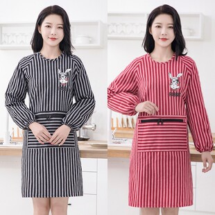 罩衣全棉布料反穿显瘦条纹包包衣拉链大口袋防尘围裙男女成人护衣