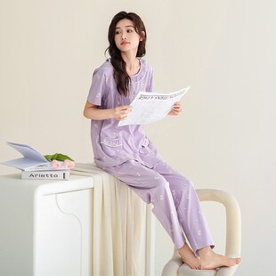 绮宇娜夏季女款睡衣家居服棉氨短袖长裤薄款甜美开衫睡觉穿针织棉
