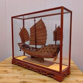 中式 饰品摆件带玻璃罩礼品盒收藏 纯手工郑和福船实木船模型家居装