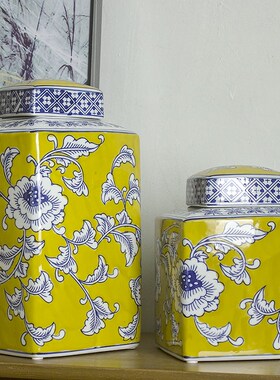 陶瓷花瓶黄色方形收纳罐法式复古客厅装饰玄关电视柜高级感摆件