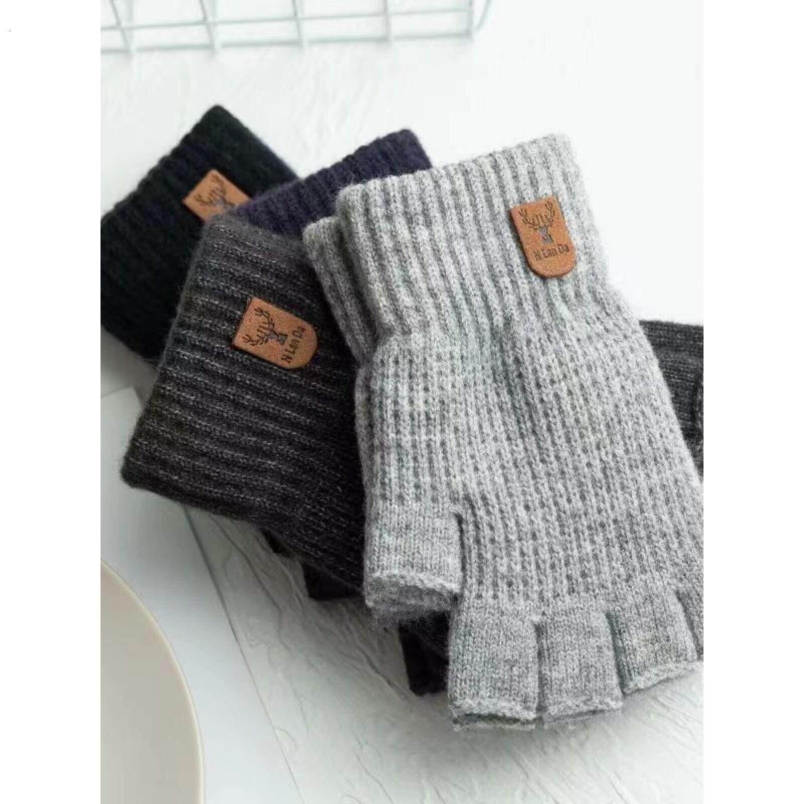 半指手套男士冬天保暖加绒加厚针织毛线露指学生写字骑行秋冬季男