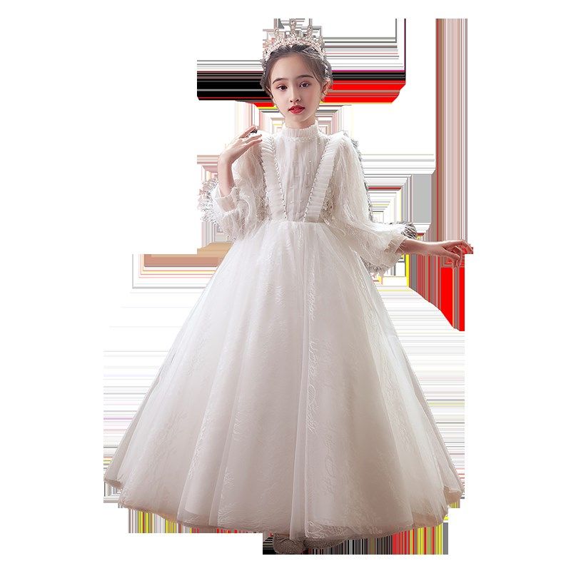 儿童礼服公主裙女童白色加绒花童主持人钢琴演出服演奏长袖秋冬季