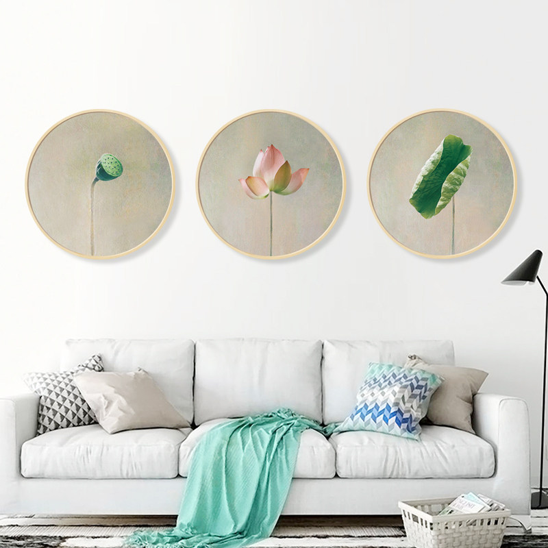 水墨宣言 客厅沙发背景墙圆形框装饰画清雅荷花挂画茶室禅意壁画,家居饰品,现代装饰画,淘宝优惠券,粉丝福利购,淘宝优惠卷