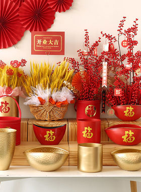 铁艺福桶福字抱抱桶银柳干花圆形红色花盒包装盒开业乔迁结婚花桶