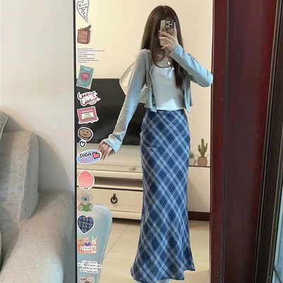 小个子学院风复古蓝色格子半身裙150cm高腰a字包臀鱼尾长裙xs秋女