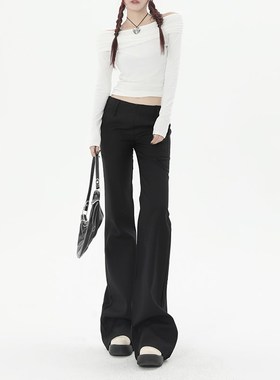 KRO黑色复古低腰休闲西装裤女2023新款设计感显瘦百搭微喇叭长裤