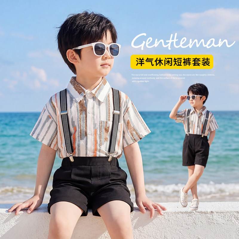 绅士条纹背带裤，夏日洋气套装图片