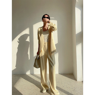 西装套装女2023新款春秋高级感无领缎面西服外套高腰宽裤两件套