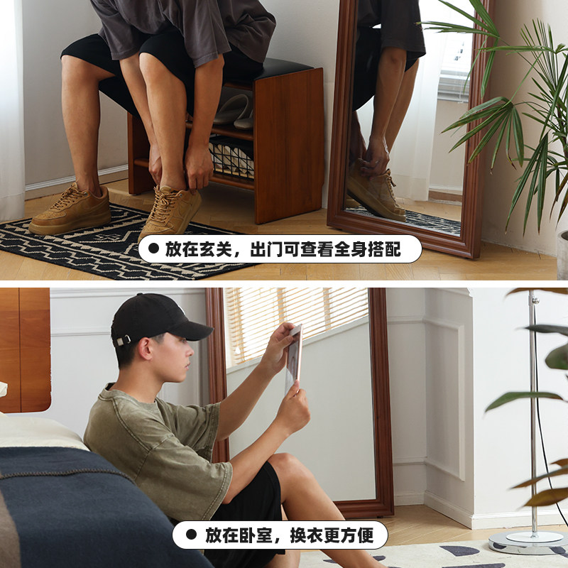 小万家具复古实木穿衣镜家用小户型落地镜壁挂镜卧室原木大镜子