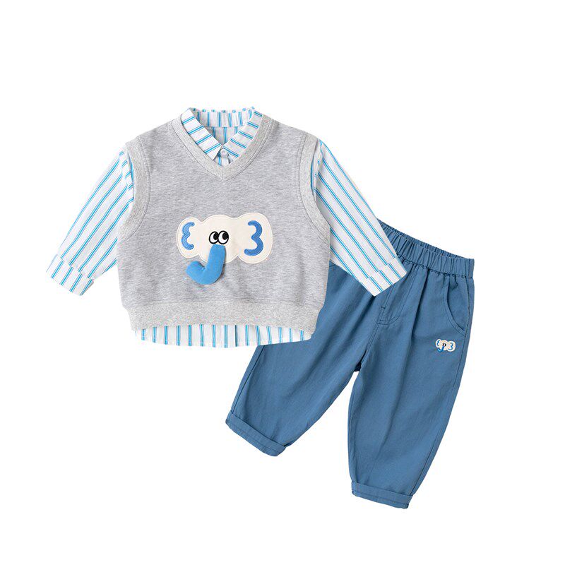 男童套装春秋款三件套儿童衣服裤子卡通宝宝马甲衬衫休闲裤春装新