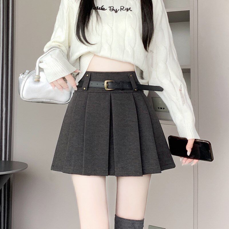 灰色毛呢百褶裙女2024秋冬新款半身jk裙加厚裙子高腰a字短裙半裙