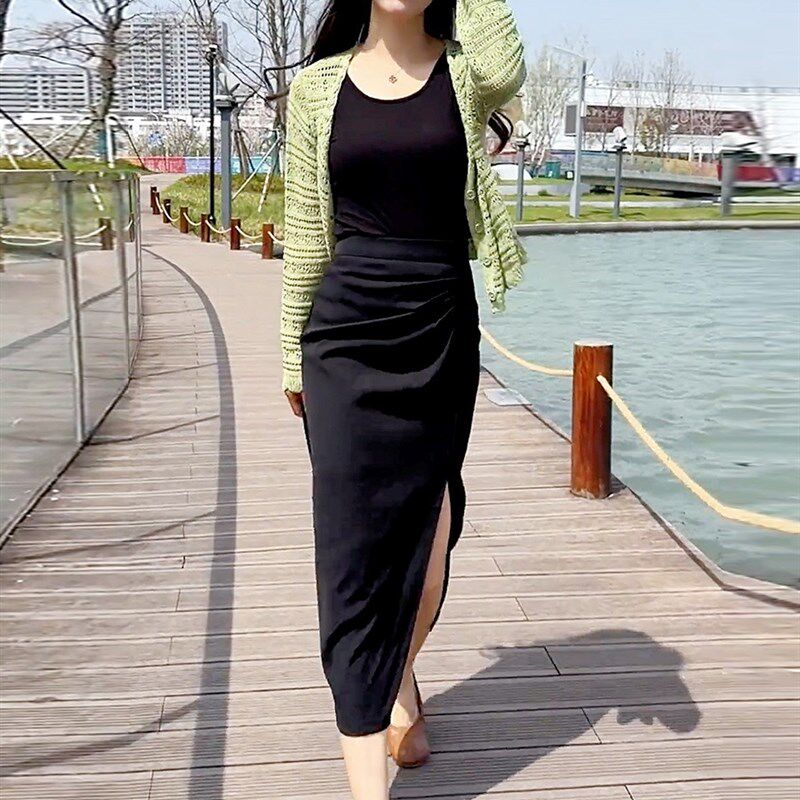 高腰侧开叉包臀半身裙女2024夏季新款洋气a字中长款直筒一步裙子