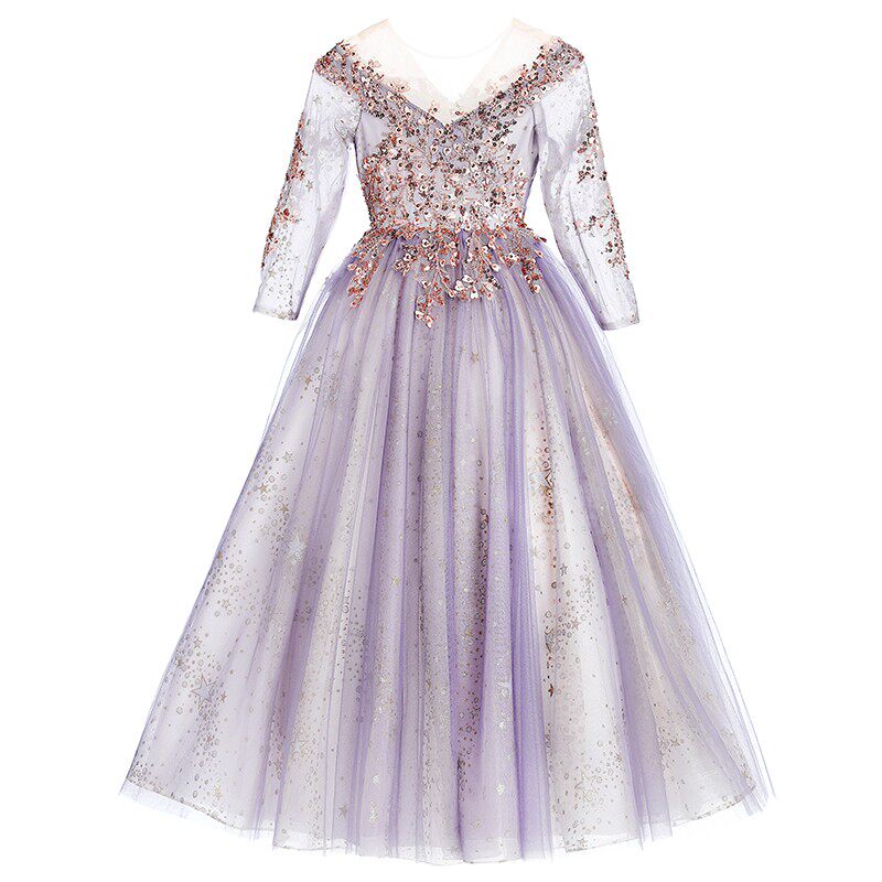 儿童礼服秋冬高端长袖女童小女孩主持人晚礼服生日钢琴走秀演出服