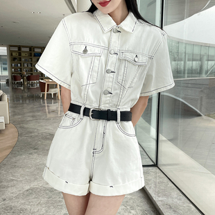 白色牛仔短裤女宽松2025年夏季新款a字套装小个子收腰高级连体裤