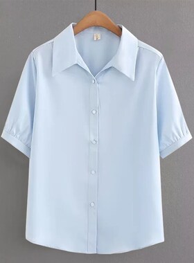 加大码胖妹妹蓝色短袖白衬衫女夏季衬衣职业气质正装面试宽松上衣
