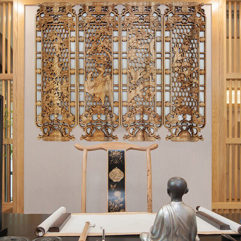 东阳木雕隔断镂空雕花雕刻工艺品挂屏梅兰竹菊实木中式客厅墙饰