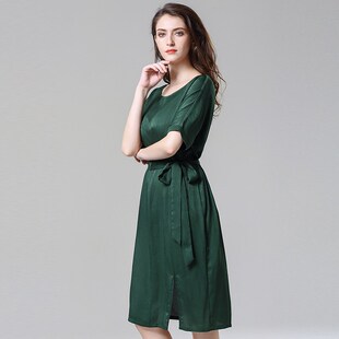 贝特如简单大方妈妈装长裙气质中年夏装短袖绑带收腰连衣裙YQ