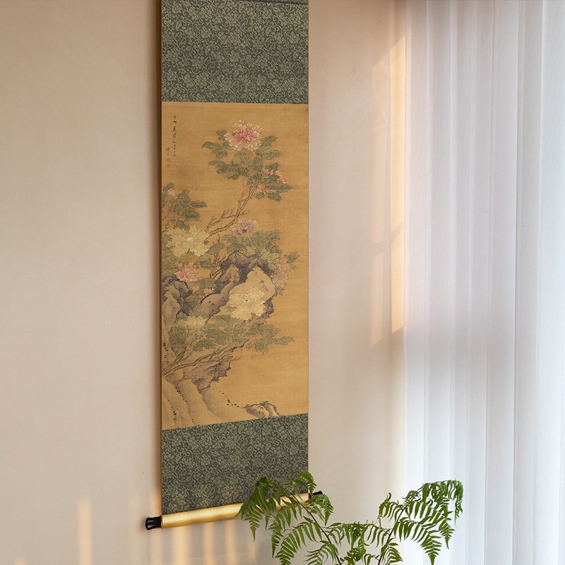清代陈卓牡丹图中式书房茶室仿古卷轴挂画竖版玄关餐厅花鸟装饰画