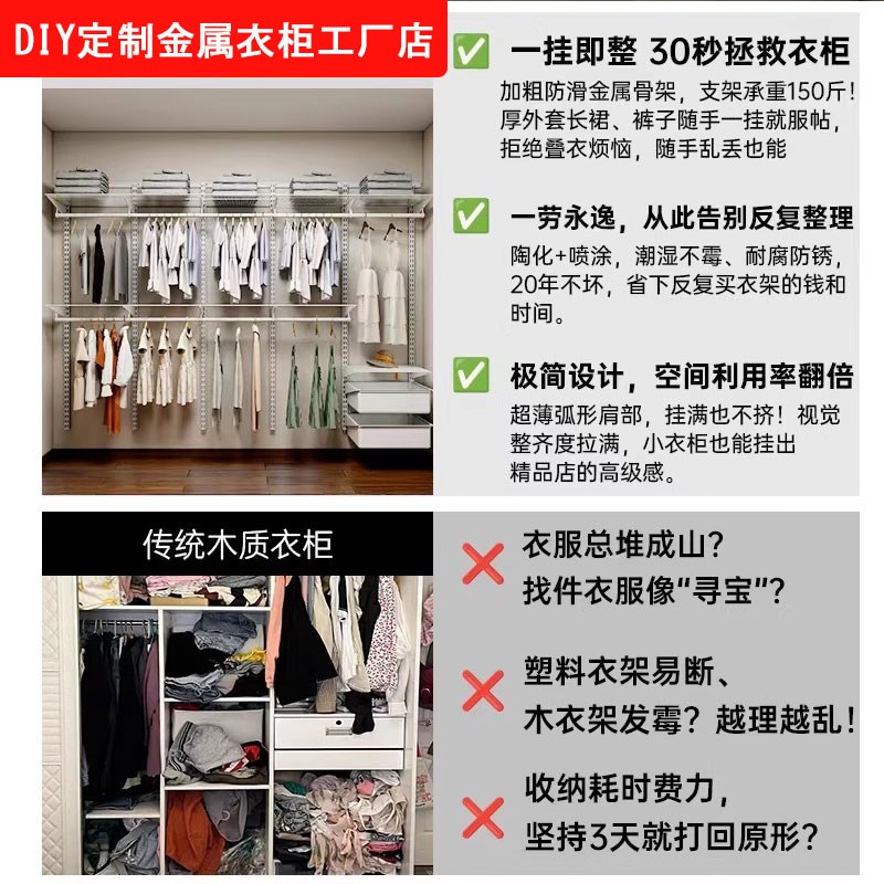 金属衣柜卧室家用全钢架结构开放步入式可定制衣柜砌挂上墙衣帽间
