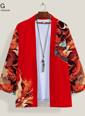 红色道袍外套男2024新款蛇年本命年衣服大码加肥秋冬披风衬衫披风