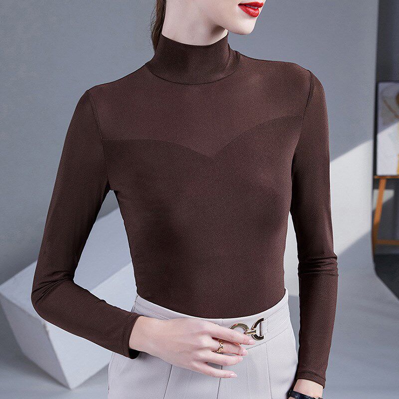 半高领网纱打底衫女士长袖春装沙体t恤弹力舞蹈纱衣蕾丝黑纱上衣