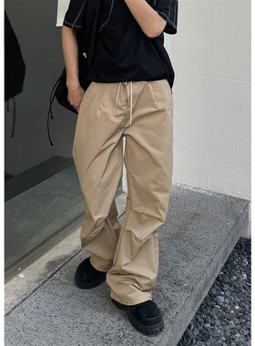 ZINGUP灰色宽松休闲裤男春秋美式工装裤子伞兵裤设计感抽绳休闲裤